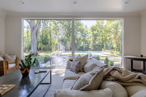 a living room with furniture and a potted plant