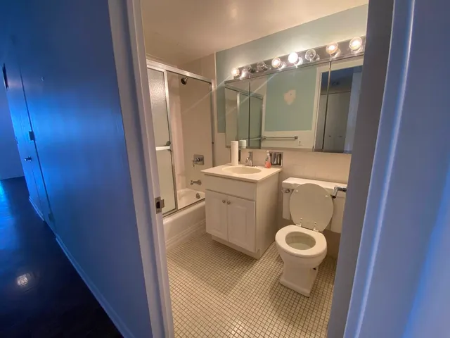 a bathroom with a sink a toilet a mirror and vanity