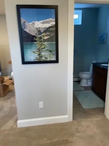 a view of bathroom with a painting on the wall