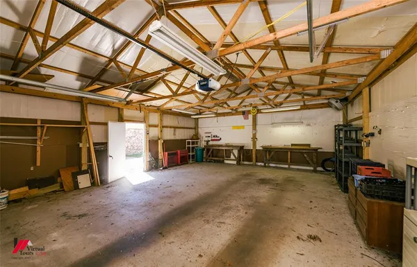 a view of a garage with storage