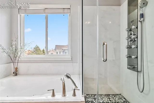 a bathroom with a bathtub and a shower