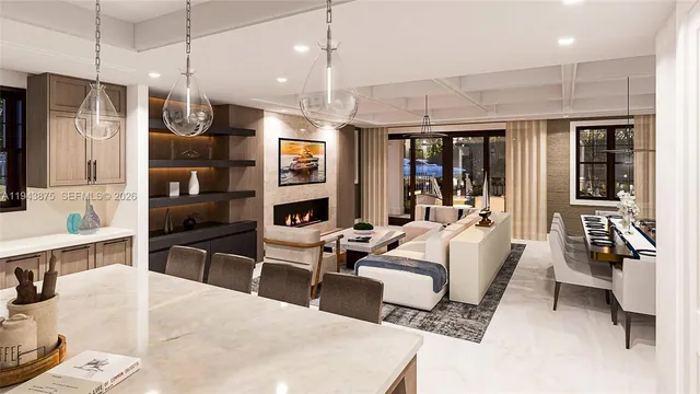 a living room with furniture a flat screen tv and large window