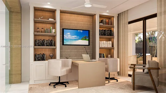 a view of a workspace with furniture and windows