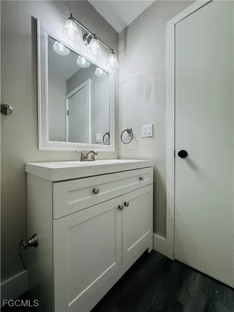 a bathroom with a sink mirror and vanity