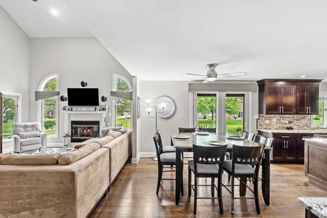 a view of a dining room with furniture window and outside view