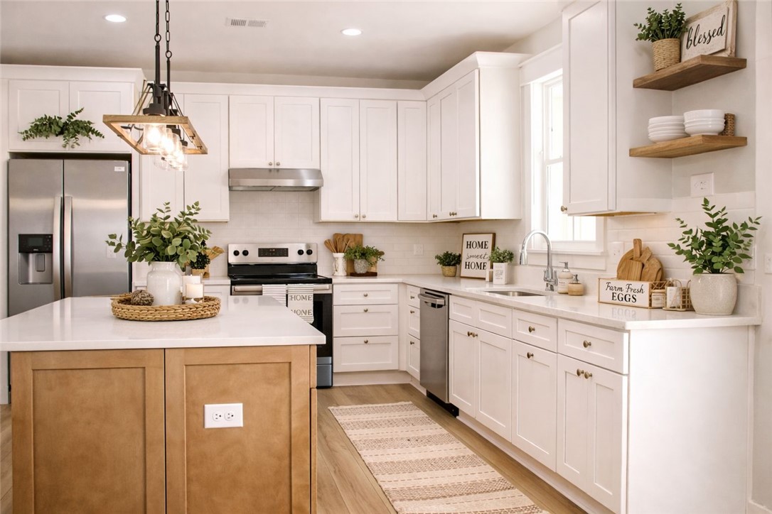 2515 Highway 29 Anderson, SC 29621 - Photo 9 of 38 Bright, naturally illuminated kitchen featuring crisp white cabinetry, light wood flooring, and a central island.