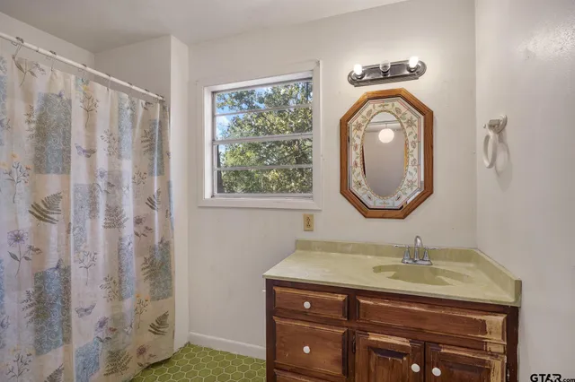 a bathroom with a sink a mirror and a shower