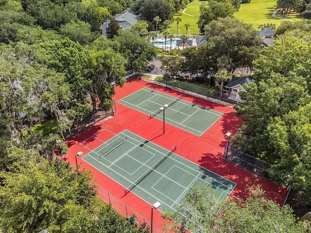 an aerial view of a tennis ground with large trees