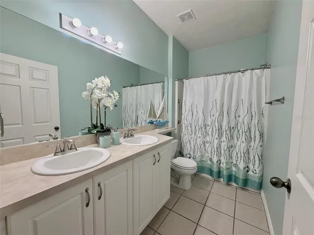 a bathroom with a double vanity sink mirror and toilet