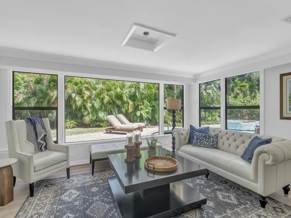 a living room with furniture and a large window