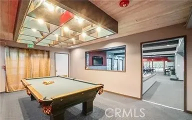 a room with pool table and a potted plant