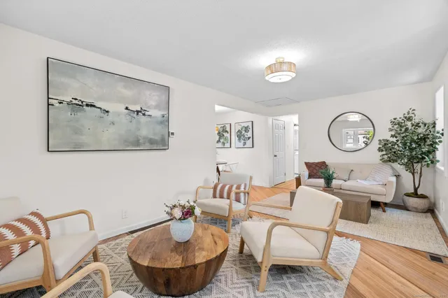 a living room with furniture a rug and a mirror