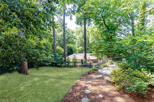 a view of a garden with a tree