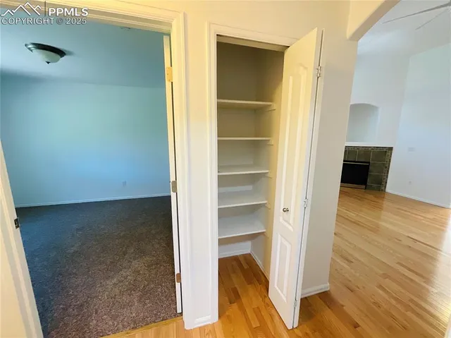 a view of walk in closet with wooden floor