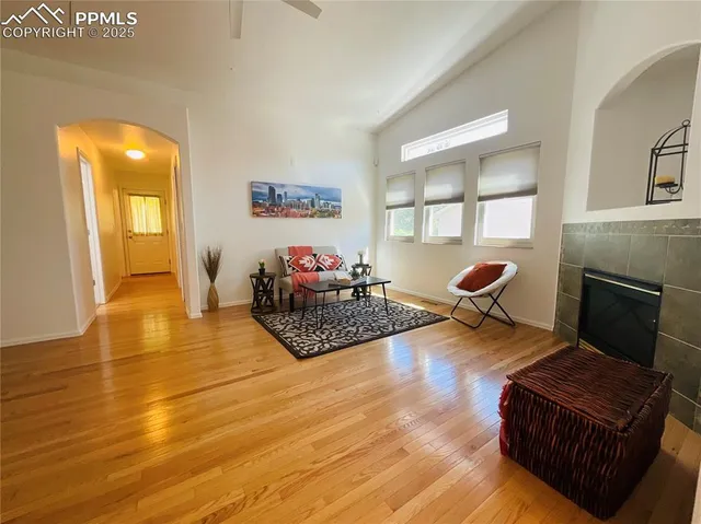 a living room with furniture and a fireplace