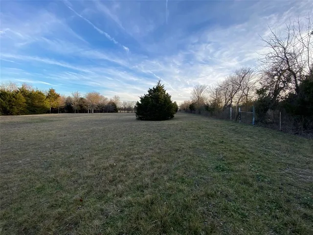 a view of a field with trees in the background