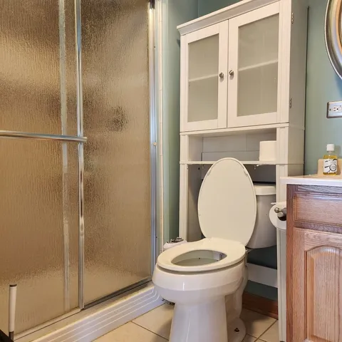 a bathroom with a toilet and a shower