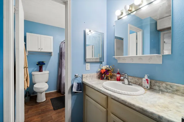 a bathroom with a granite countertop sink mirror and toilet