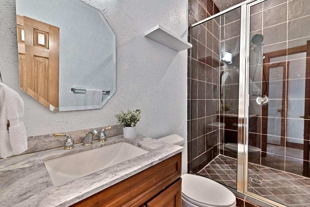 324 Rolling Oaks Ridge Cedar Hill, TX 75104 - Photo 21 of 39 a bathroom with a granite countertop sink toilet and shower