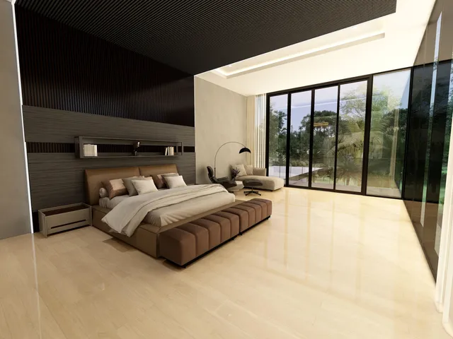 a bed sitting in a spacious bedroom next to a large window