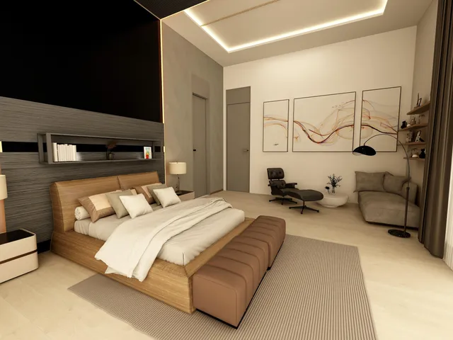 a spacious bedroom with a bed couch and a window