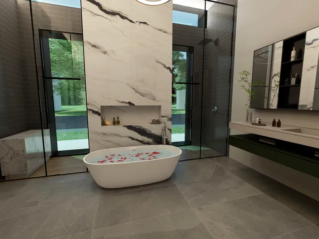 a spacious bathroom with a double vanity sink and a mirror