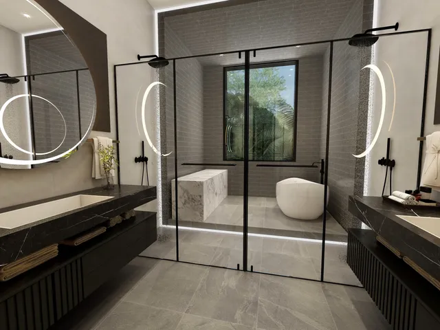 a bathroom with a sink a mirror and a shower