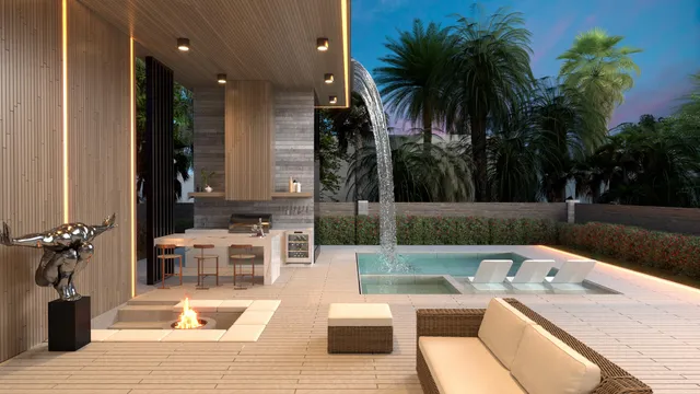 a swimming pool with outdoor seating and yard