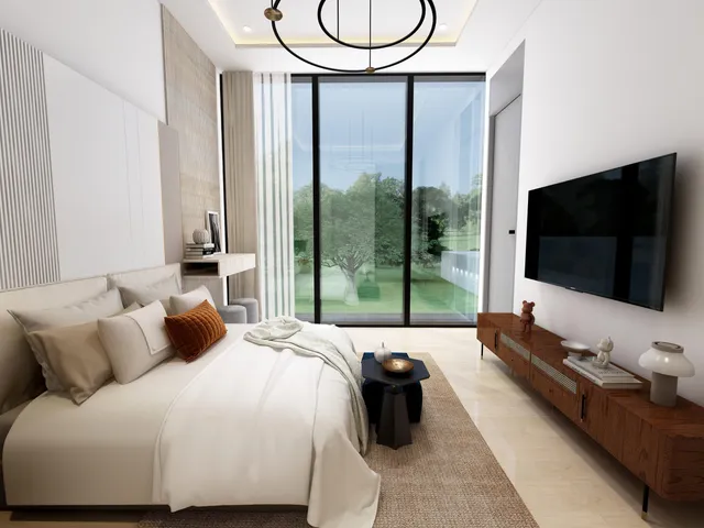a bedroom with a bed and glass window