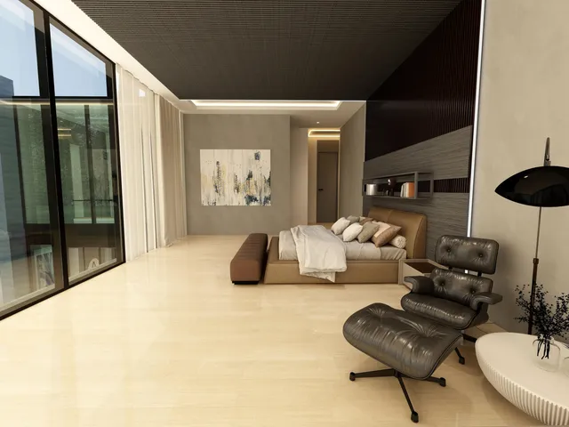 a bedroom with furniture and a potted plant