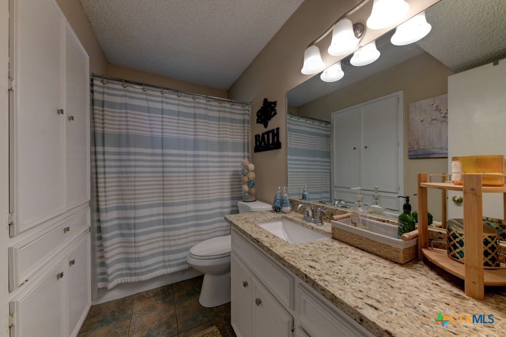 1229 Rapids Road New Braunfels, TX 78130 - Photo 15 of 27 a bathroom with a granite countertop sink a toilet and mirror