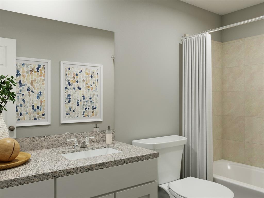 1104 Runway Road Fort Worth, TX 76131 - Photo 32 of 36 a bathroom with a granite countertop sink mirror vanity and toilet