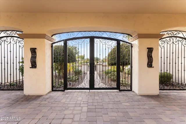 a view of a swimming pool with an outdoor seating