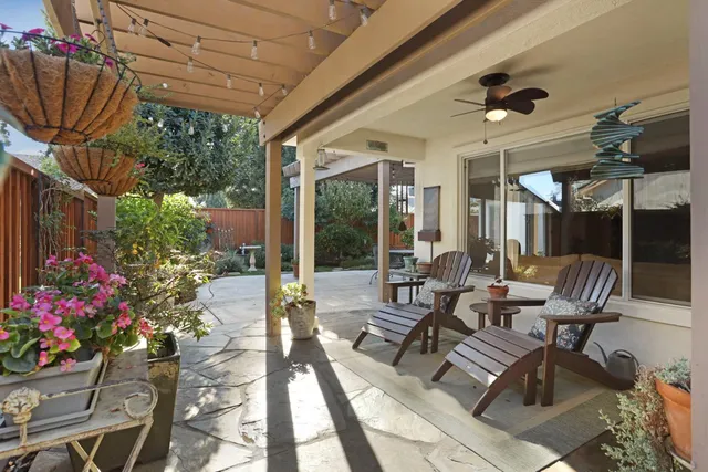 a view of a backyard with plants and a fountain