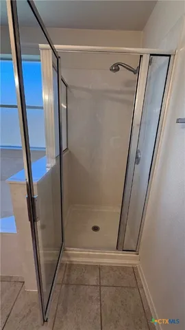a bathroom with a shower and a toilet