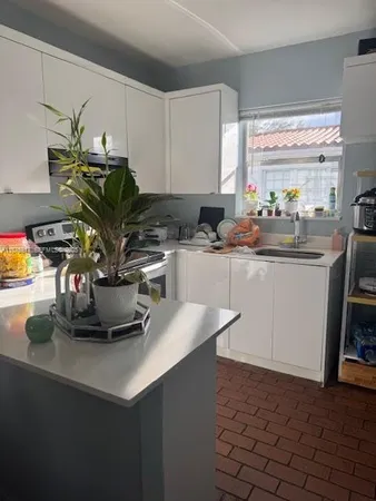 a kitchen with a sink a counter and cabinets