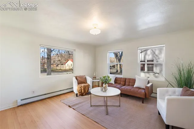 a living room with furniture a potted plant and a window