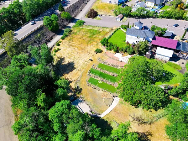 an aerial view of a house with a garden and swimming pool