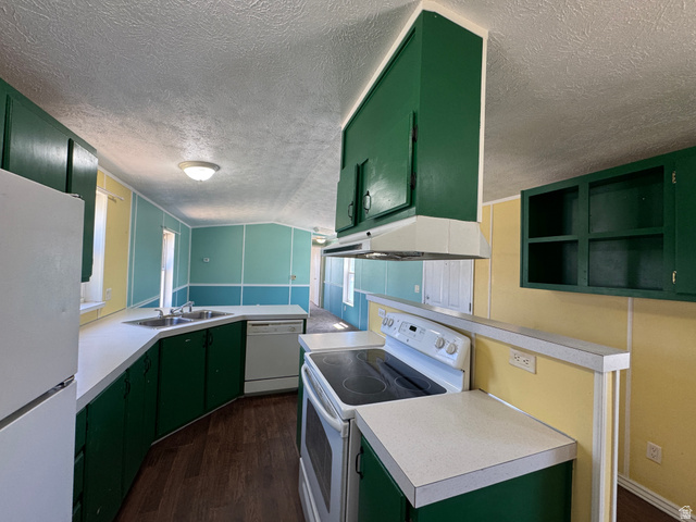 2491 Highway 89, Unit 315 Pleasant View, UT 84404 - Photo 10 of 34 Kitchen featuring white countertops, green cabinetry, a white refrigerator, a white dishwasher, and a white electric range with an overhead exhaust fan
