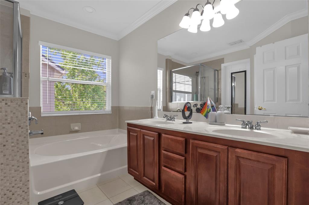 2165 Ridgewood Street Orlando, FL 32803 - Photo 19 of 37 a bathroom with a tub double sink large mirror and a window