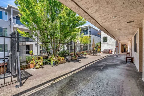a view of a garden with patio