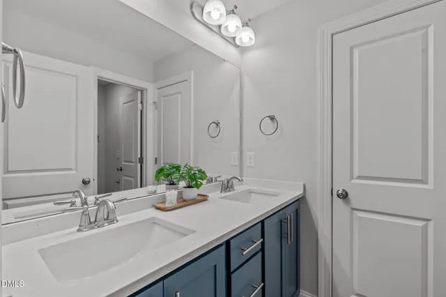 a bathroom with a sink vanity and a mirror