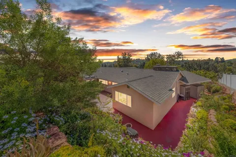 aerial view of a house with a yard potted plants and large tree