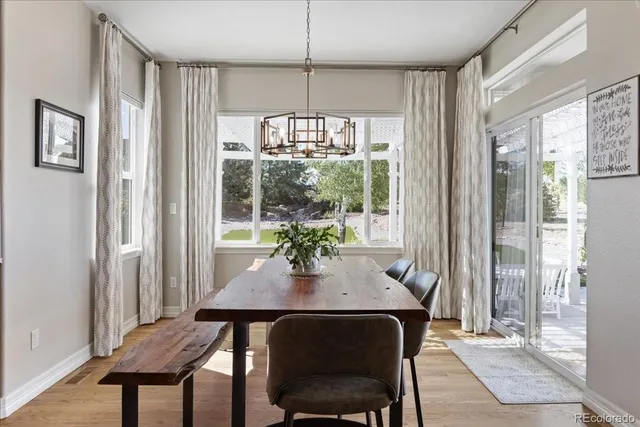a view of a dining room with furniture window and wooden floor