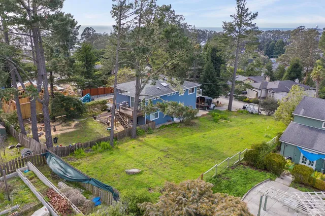 an aerial view of residential houses with outdoor space and trees