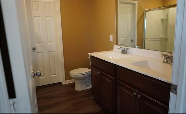 a bathroom with a sink a toilet a vanity and mirror