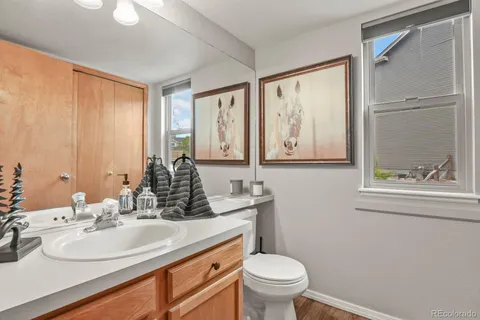 a bathroom with a toilet a sink a mirror a window and vanity