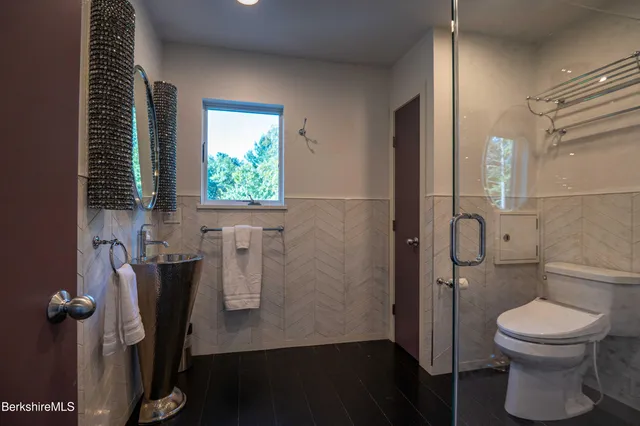 a bathroom with a toilet a sink and a shower