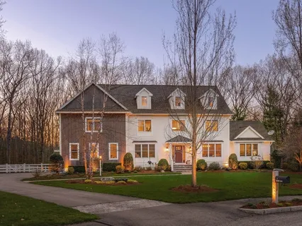 a front view of residential houses with yard and green space