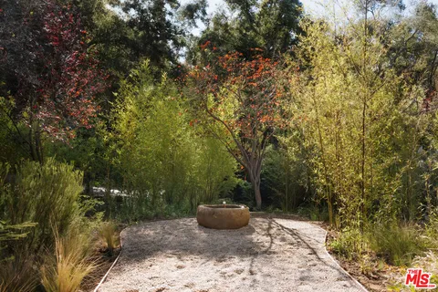 a view of a backyard with table and chairs and potted plants